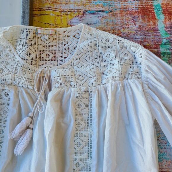 Anthropologie Eri + Ali White Crochet Lace Oversized Peasant Top Small - Picture 5 of 10